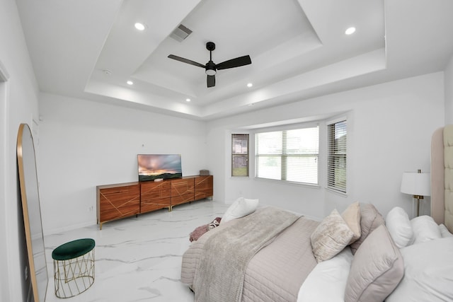 29007 Dryander Forest Ct, Katy, TX 77494 - bedroom with a tray ceiling, marble tiled flooring, recessed lighting, baseboards, and a ceiling fan