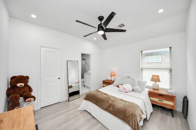 29007 Dryander Forest Ct, Katy, TX 77494 - bedroom featuring light wood-type flooring, recessed lighting, baseboards, connected bathroom, and ceiling fan