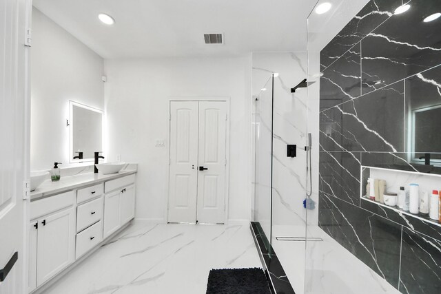 29007 Dryander Forest Ct, Katy, TX 77494 - full bath with a marble finish shower, double vanity, recessed lighting, and marble finish flooring