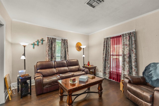 404 E Alabama St, Wharton, TX 77488 - living area with ornamental molding, dark wood-style flooring, baseboards, and a textured ceiling