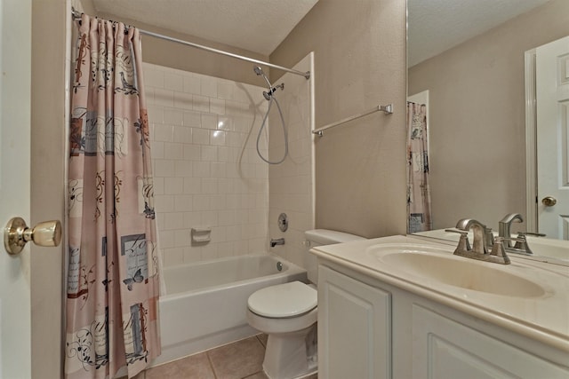 2230 Louetta Falls Ln, Spring, TX 77388 - bathroom with shower / bathtub combination with curtain, vanity, toilet, tile patterned flooring, and a textured ceiling