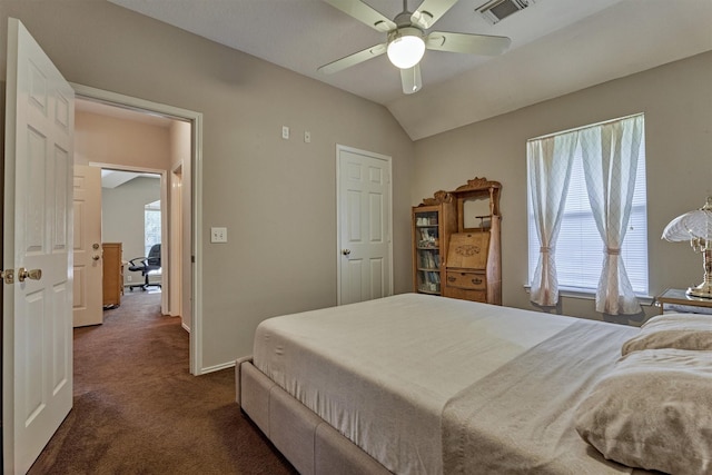 2230 Louetta Falls Ln, Spring, TX 77388 - bedroom featuring dark carpet, lofted ceiling, and ceiling fan