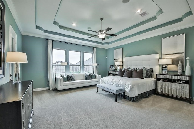 29506 Highland Manor Ct, Katy, TX 77494 - carpeted bedroom featuring a raised ceiling, crown molding, baseboards, and a ceiling fan
