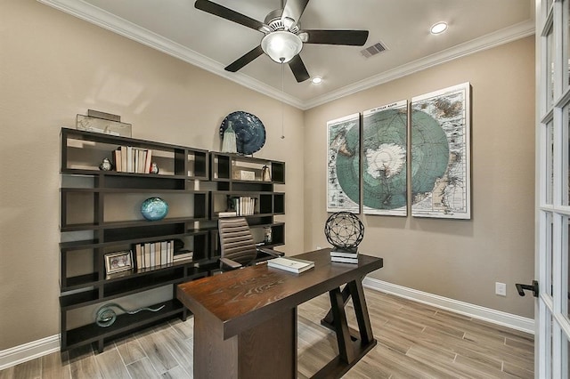 29506 Highland Manor Ct, Katy, TX 77494 - home office with baseboards, ceiling fan, wood finished floors, ornamental molding, and recessed lighting