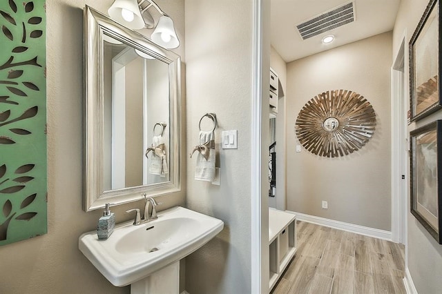 29506 Highland Manor Ct, Katy, TX 77494 - bathroom with a sink, wood finished floors, and baseboards