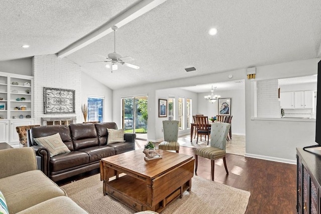 2505 Gerol Dr, Galveston, TX 77551 - living area with wood finished floors, a textured ceiling, a chandelier, baseboards, and ceiling fan