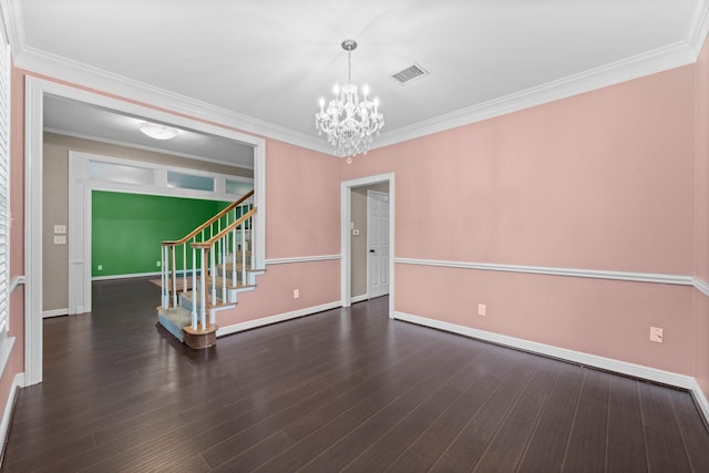 62 Treescape Cir, The Woodlands, TX 77381 - empty room featuring a chandelier, stairs, baseboards, ornamental molding, and wood finished floors