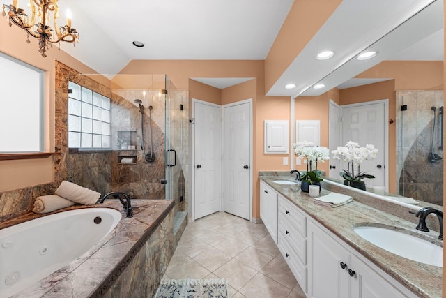 62 Treescape Cir, The Woodlands, TX 77381 - full bath with double vanity, a jetted tub, a stall shower, recessed lighting, and vaulted ceiling