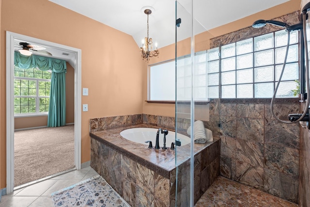 62 Treescape Cir, The Woodlands, TX 77381 - bathroom featuring vaulted ceiling, tiled shower, a garden tub, tile patterned floors, and a chandelier