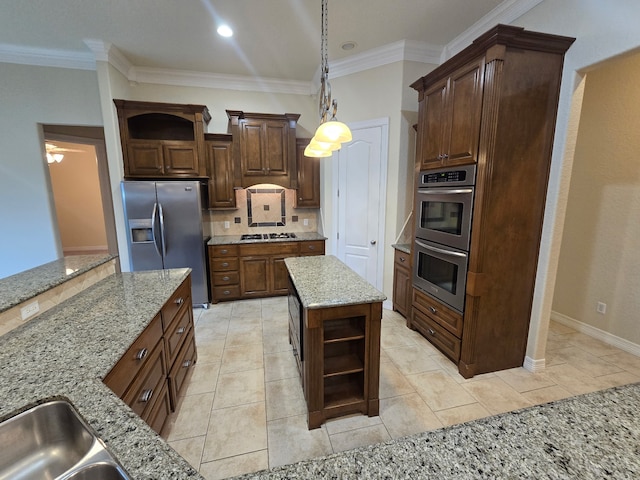 1008 Heritage Oaks Dr, Angleton, TX 77515 - kitchen with open shelves, appliances with stainless steel finishes, tasteful backsplash, crown molding, and light stone countertops