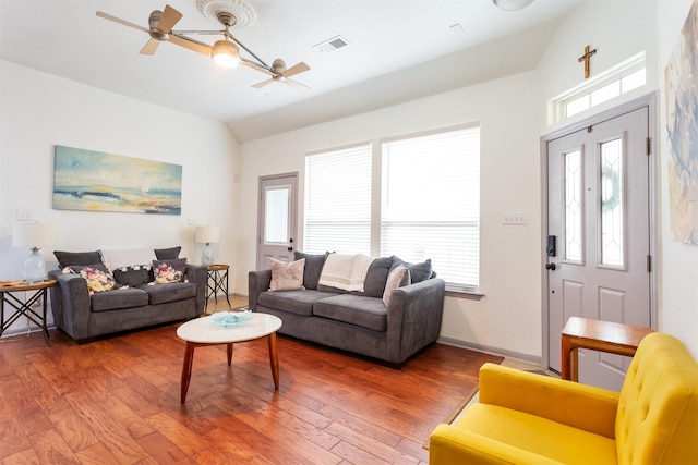 17218 Marquette Point Ln, Humble, TX 77346 - living room featuring ceiling fan, hardwood / wood-style floors, plenty of natural light, and lofted ceiling