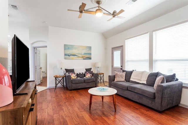 17218 Marquette Point Ln, Humble, TX 77346 - living area featuring wood finished floors, lofted ceiling, and ceiling fan
