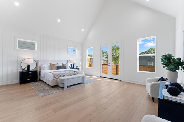 432 W 24th St, Houston, TX 77008 - bedroom with access to exterior, high vaulted ceiling, light wood-style flooring, recessed lighting, and baseboards