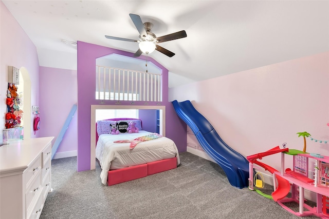 18115 Bachman Branch Dr, Cypress, TX 77433 - carpeted bedroom with vaulted ceiling, ceiling fan, and baseboards
