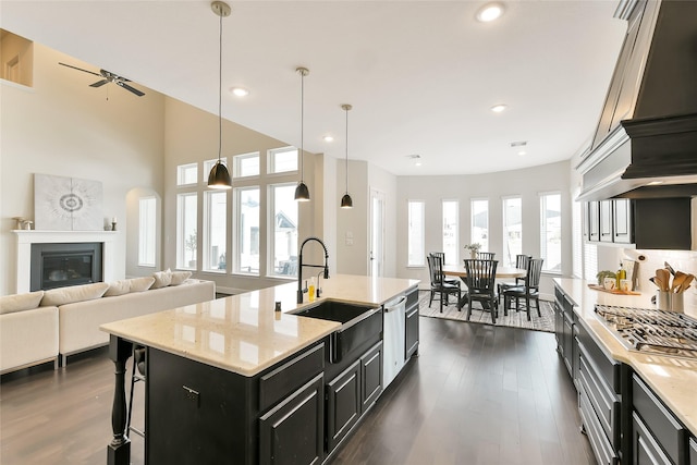 18115 Bachman Branch Dr, Cypress, TX 77433 - kitchen with dark cabinetry, healthy amount of natural light, a ceiling fan, a sink, and recessed lighting