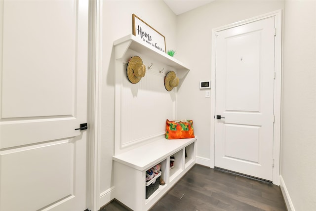 18115 Bachman Branch Dr, Cypress, TX 77433 - mudroom featuring baseboards and dark wood-style floors