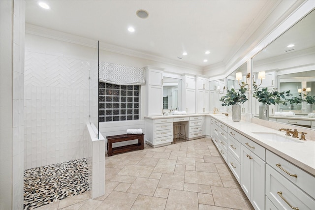 10250 Clubhouse Cir, Magnolia, TX 77354 - bathroom featuring vanity, a walk in shower, recessed lighting, ornamental molding, and stone finish flooring