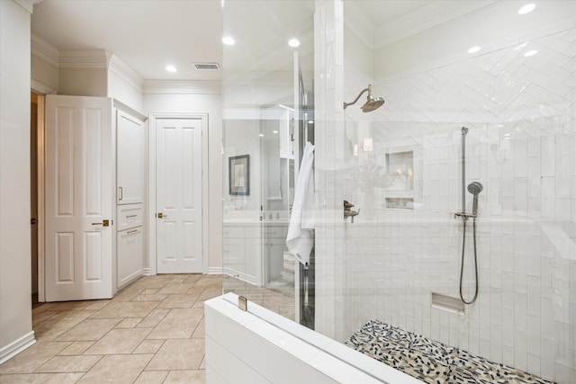 10250 Clubhouse Cir, Magnolia, TX 77354 - bathroom with walk in shower, vanity, crown molding, recessed lighting, and baseboards
