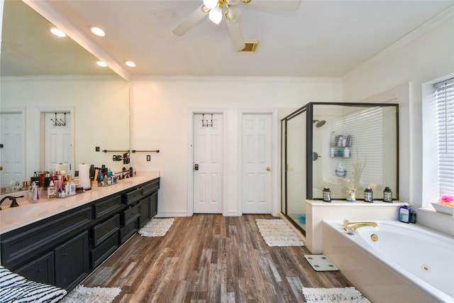 23214 Gatecreek Ct, Katy, TX 77494 - bathroom with a stall shower, a jetted tub, double vanity, crown molding, and recessed lighting