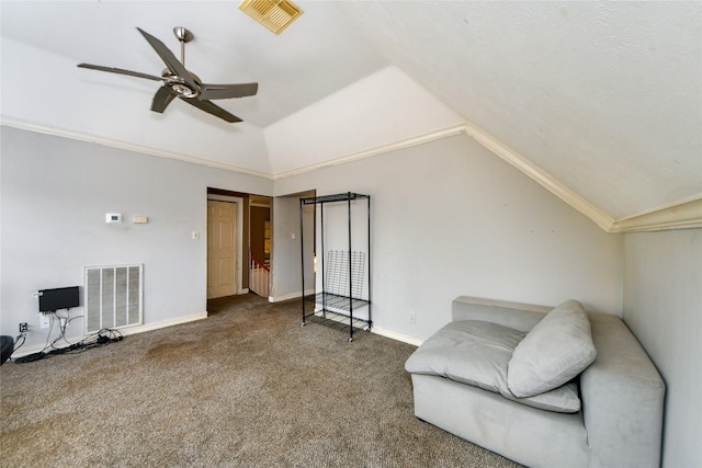 23214 Gatecreek Ct, Katy, TX 77494 - living area featuring carpet, lofted ceiling, a ceiling fan, and baseboards