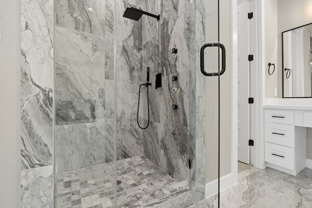 5832 Highland Sun Ln, Houston, TX 77091 - bathroom featuring a marble finish shower, marble tiled flooring, and vanity