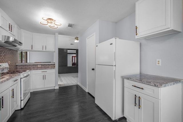 10603 Zircon Ct, Houston, TX 77099 - kitchen with white appliances, a ceiling fan, dark wood-style flooring, white cabinets, and a textured ceiling