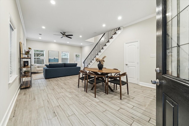 314 E 40th St, Houston, TX 77018 - dining room with stairs, ornamental molding, light wood-style flooring, recessed lighting, and ceiling fan
