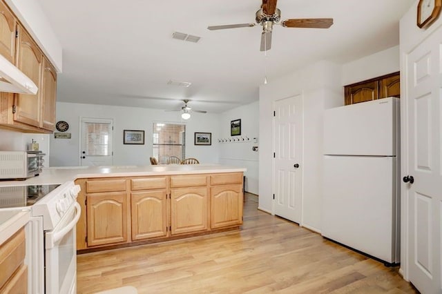 13302 Kettler Rd, Needville, TX 77461 - kitchen featuring white appliances, a ceiling fan, a peninsula, light wood finished floors, and light countertops
