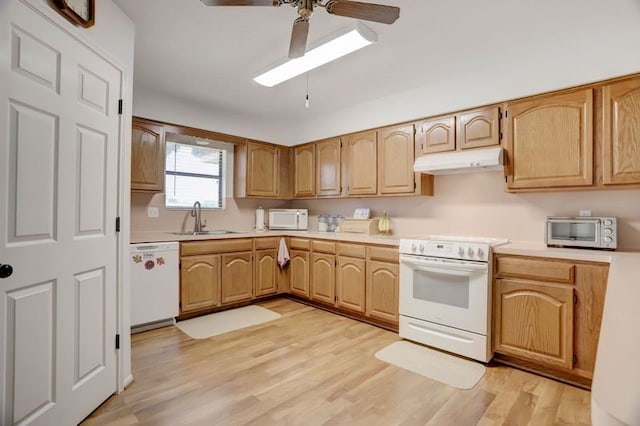 13302 Kettler Rd, Needville, TX 77461 - kitchen featuring white appliances, under cabinet range hood, a sink, and light countertops