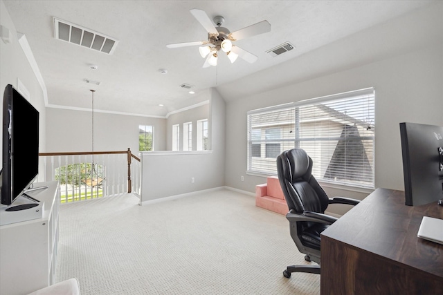 9110 Kinnel Ln, Tomball, TX 77375 - carpeted home office featuring ceiling fan, ornamental molding, and baseboards