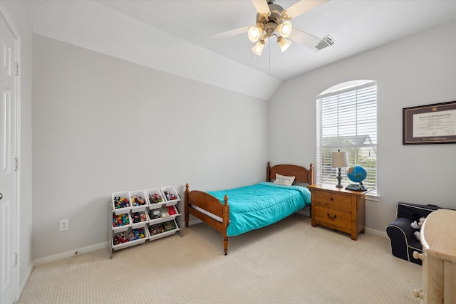9110 Kinnel Ln, Tomball, TX 77375 - carpeted bedroom featuring baseboards, ceiling fan, and vaulted ceiling