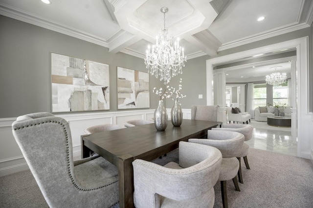 10887 Decatur St, Willis, TX 77318 - dining area with a chandelier, crown molding, coffered ceiling, beam ceiling, and recessed lighting