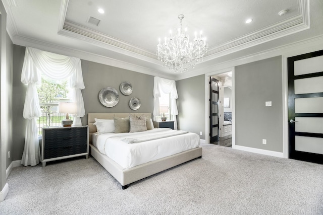 10887 Decatur St, Willis, TX 77318 - carpeted bedroom featuring a chandelier, crown molding, baseboards, and a tray ceiling