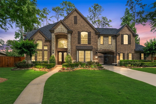 13803 Oak Fair Bnd, Cypress, TX 77429 - french country home featuring brick siding, a shingled roof, and a gate
