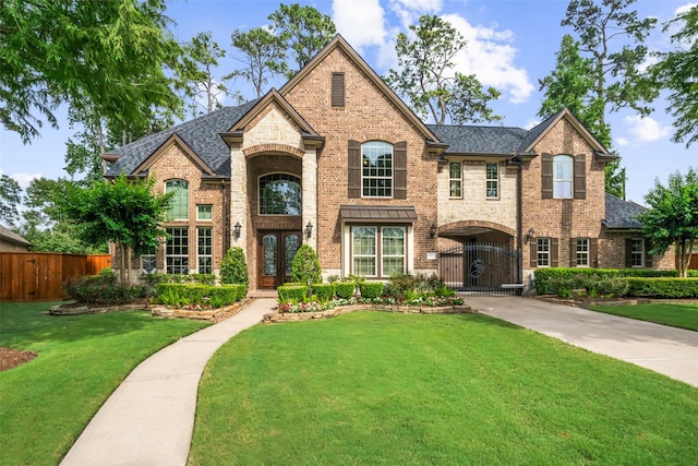 13803 Oak Fair Bnd, Cypress, TX 77429 - french provincial home with brick siding, a gate, french doors, and a shingled roof