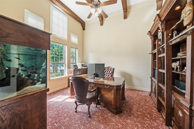 13803 Oak Fair Bnd, Cypress, TX 77429 - carpeted home office featuring a ceiling fan, baseboards, ornamental molding, and a high ceiling