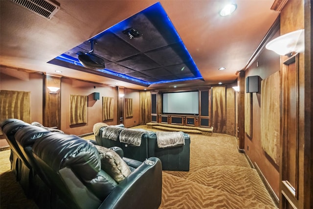 13803 Oak Fair Bnd, Cypress, TX 77429 - carpeted home theater with a raised ceiling and baseboards