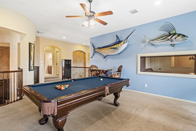 13803 Oak Fair Bnd, Cypress, TX 77429 - rec room featuring arched walkways, carpet floors, ceiling fan, billiards table, and baseboards