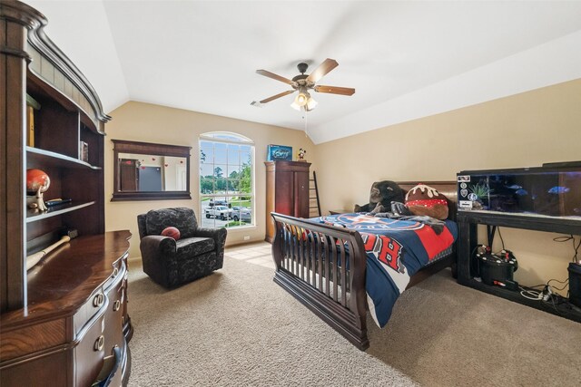 13803 Oak Fair Bnd, Cypress, TX 77429 - bedroom with carpet floors, lofted ceiling, and ceiling fan