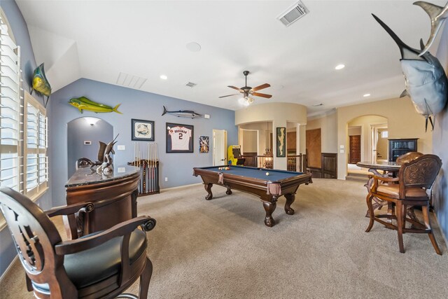13803 Oak Fair Bnd, Cypress, TX 77429 - recreation room featuring billiards table, arched walkways, a ceiling fan, carpet flooring, and recessed lighting