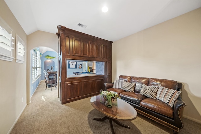 13803 Oak Fair Bnd, Cypress, TX 77429 - living area with lofted ceiling, light colored carpet, arched walkways, and baseboards