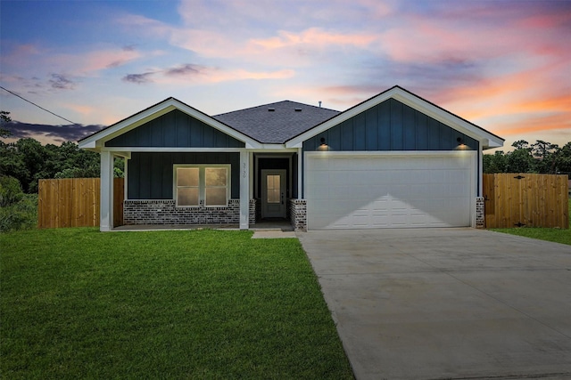3730 Nathan St, Beaumont, TX 77708 - ranch-style house featuring concrete driveway, a garage, a porch, a shingled roof, and board and batten siding