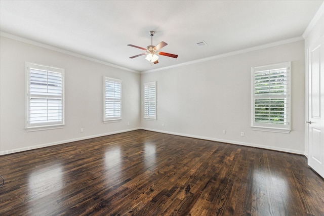 1701 Wrenwood Lks, Houston, TX 77043 - empty room with a ceiling fan, plenty of natural light, crown molding, dark wood-style floors, and baseboards