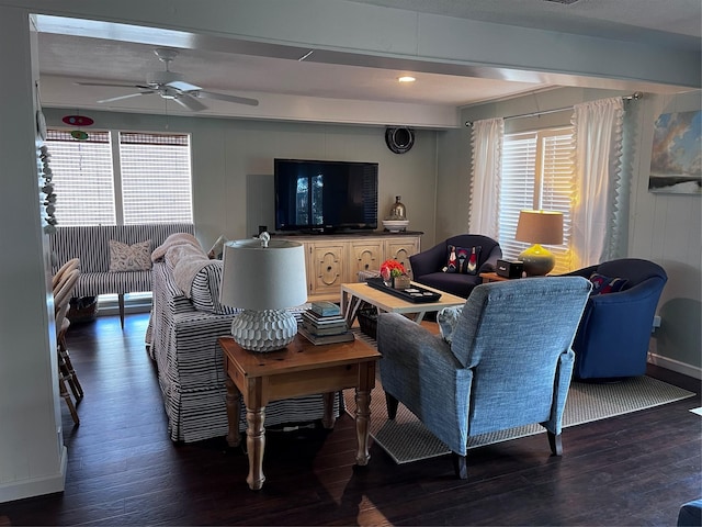 16627 Bermuda Way, Jamaica Beach, TX 77554 - living room featuring wood finished floors, plenty of natural light, and a ceiling fan