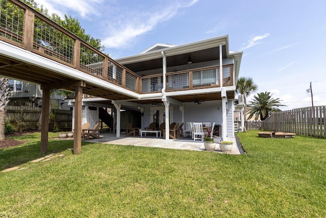 16627 Bermuda Way, Jamaica Beach, TX 77554 - back of house with a balcony, a fenced backyard, a patio, and ceiling fan