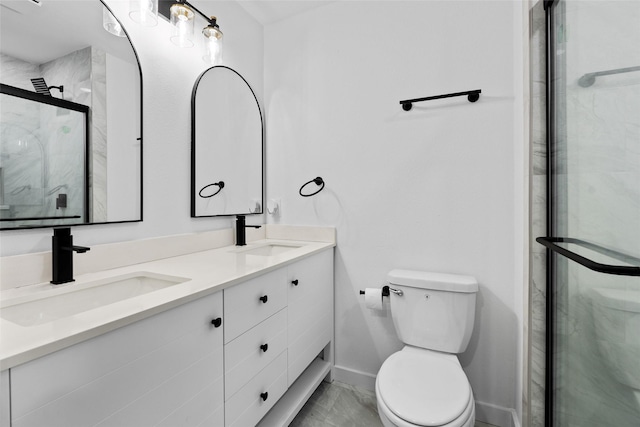 8707 Wind Side Dr, Houston, TX 77040 - bathroom featuring double vanity, toilet, baseboards, and a shower stall