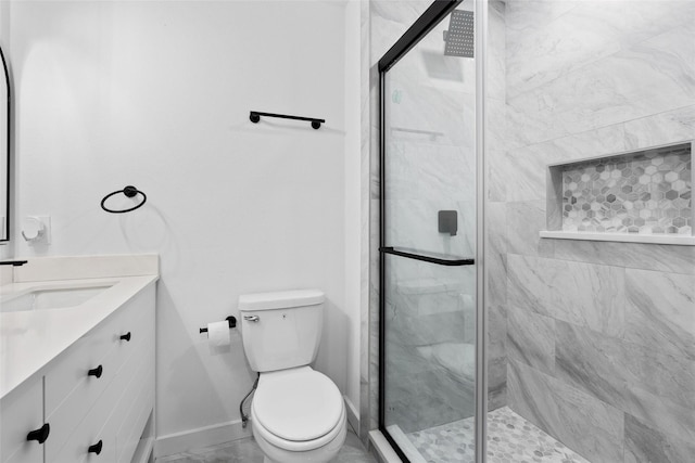 8707 Wind Side Dr, Houston, TX 77040 - bathroom featuring baseboards, toilet, vanity, and a shower stall