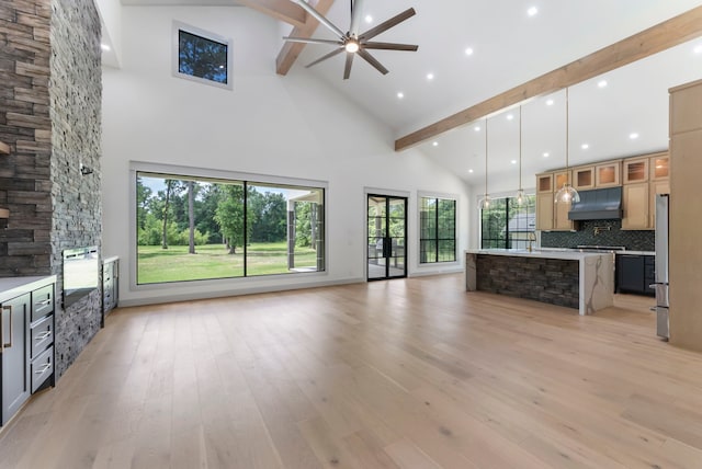 15086 Dewberry Ln, Conroe, TX 77302 - unfurnished living room featuring high vaulted ceiling, beamed ceiling, ceiling fan, light wood-type flooring, and recessed lighting