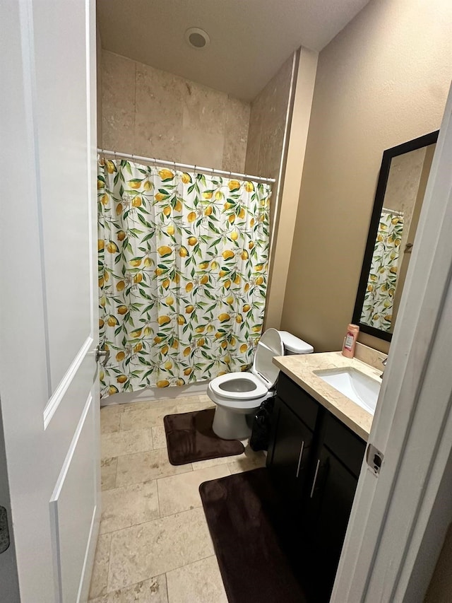 1613 Bonner St, Houston, TX 77007 - bathroom with vanity, toilet, a shower with curtain, and stone finish floors