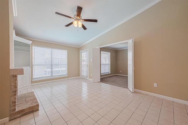 2110 Wilcrest Dr Unit 236, Houston, TX 77042 - spare room with lofted ceiling, ceiling fan, light tile patterned flooring, ornamental molding, and baseboards